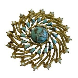 Vintage Sarah Coventry Brooch Mod Mid Century Faux Turquoise & Pearl Swirl Pin